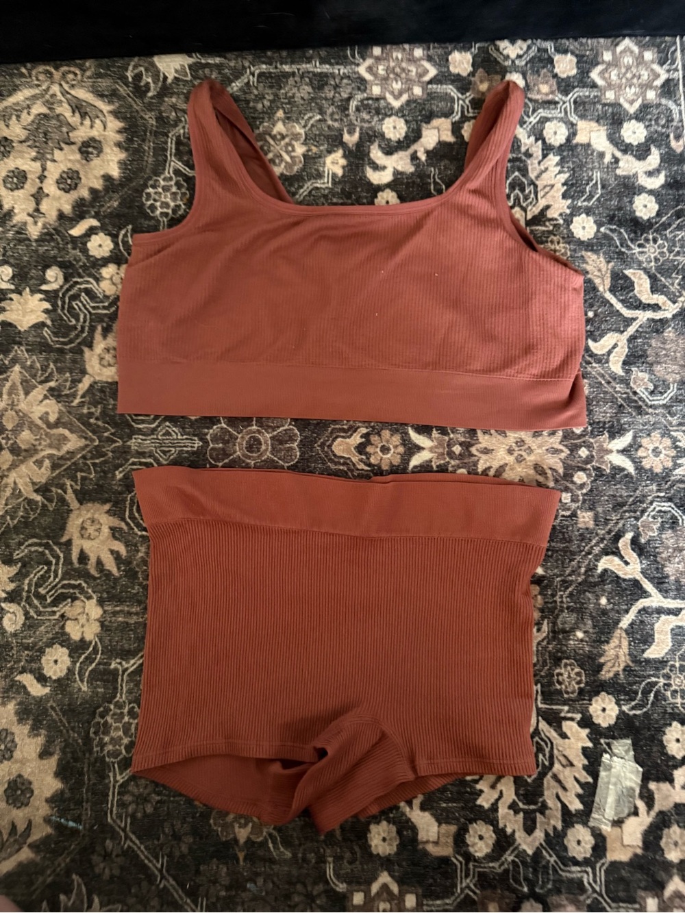 Seamless Ribbed Crop Bralette & High-Waist Short Set - Rust